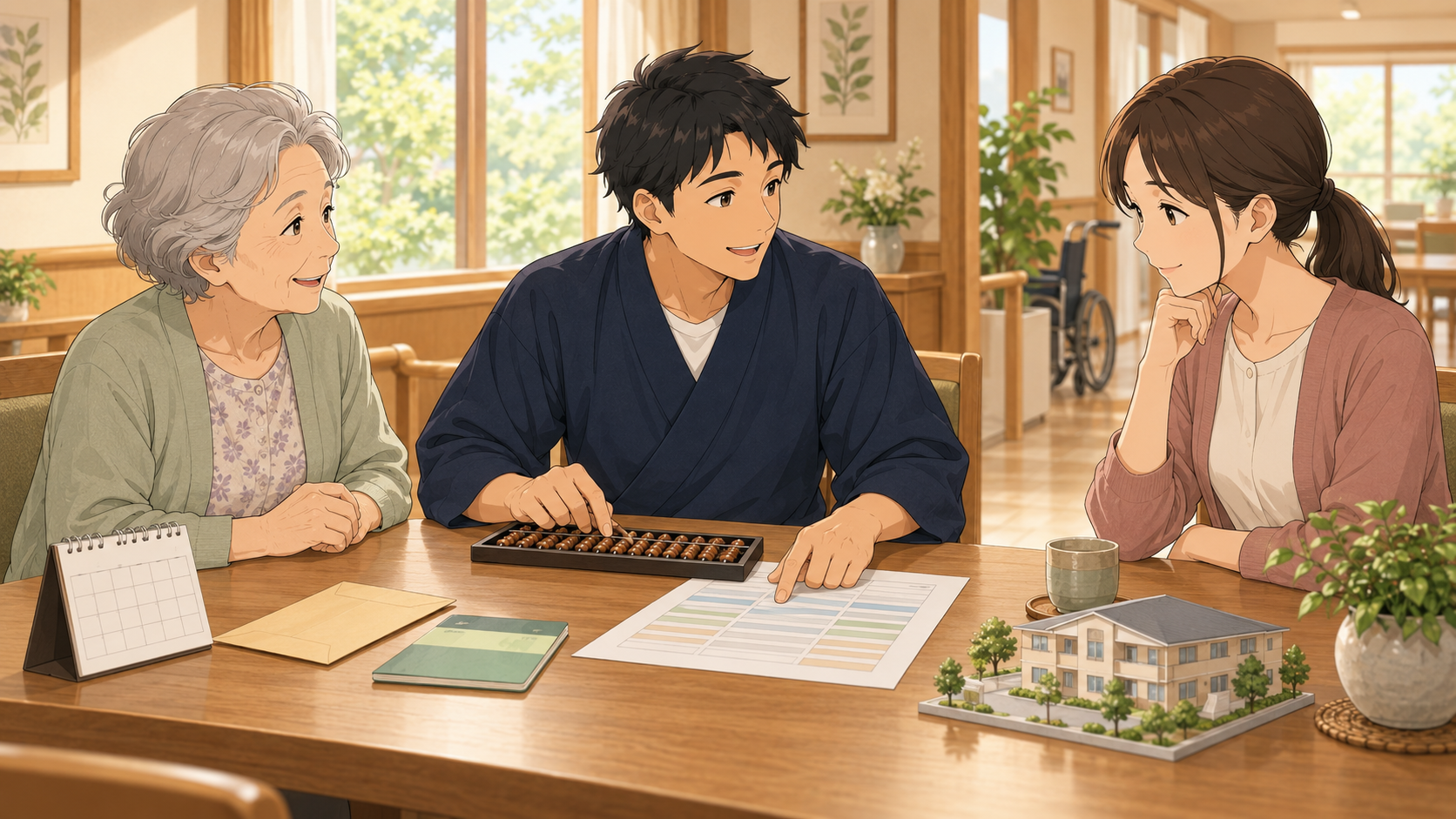 そろばんで老人ホームの予算を計算するクラッシュと相談する家族