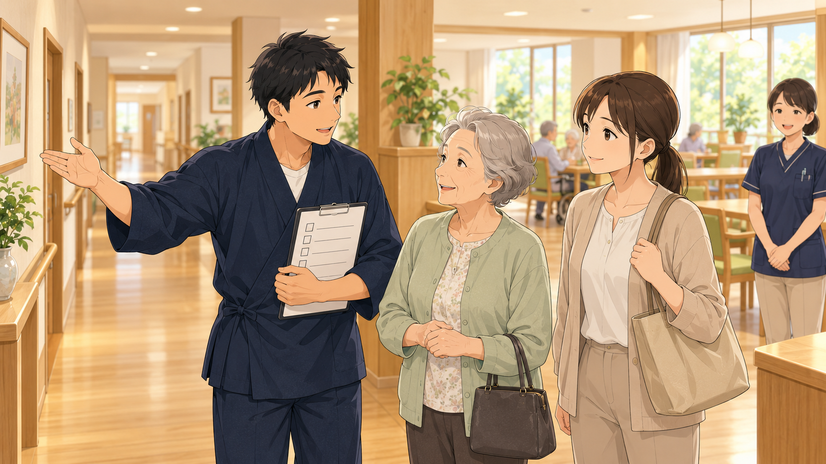 老人ホーム見学でチェック表を持ち家族を案内するクラッシュ