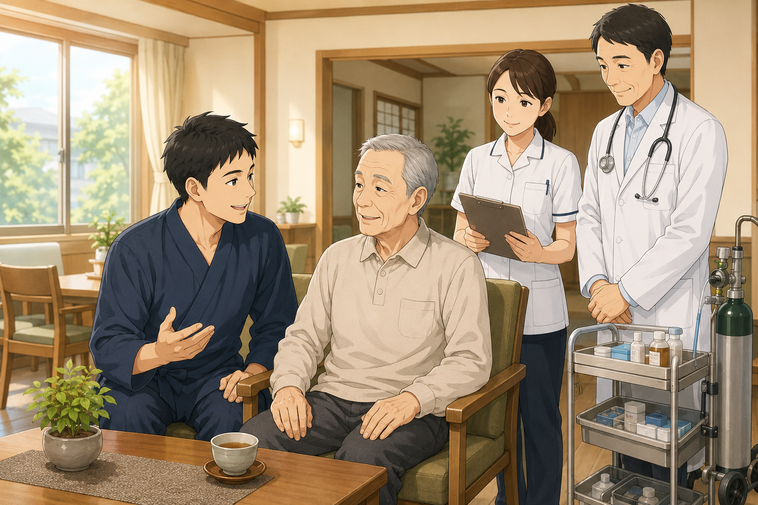 クラッシュと医師・看護師が介護医療院で高齢者の療養生活を支えるイラスト