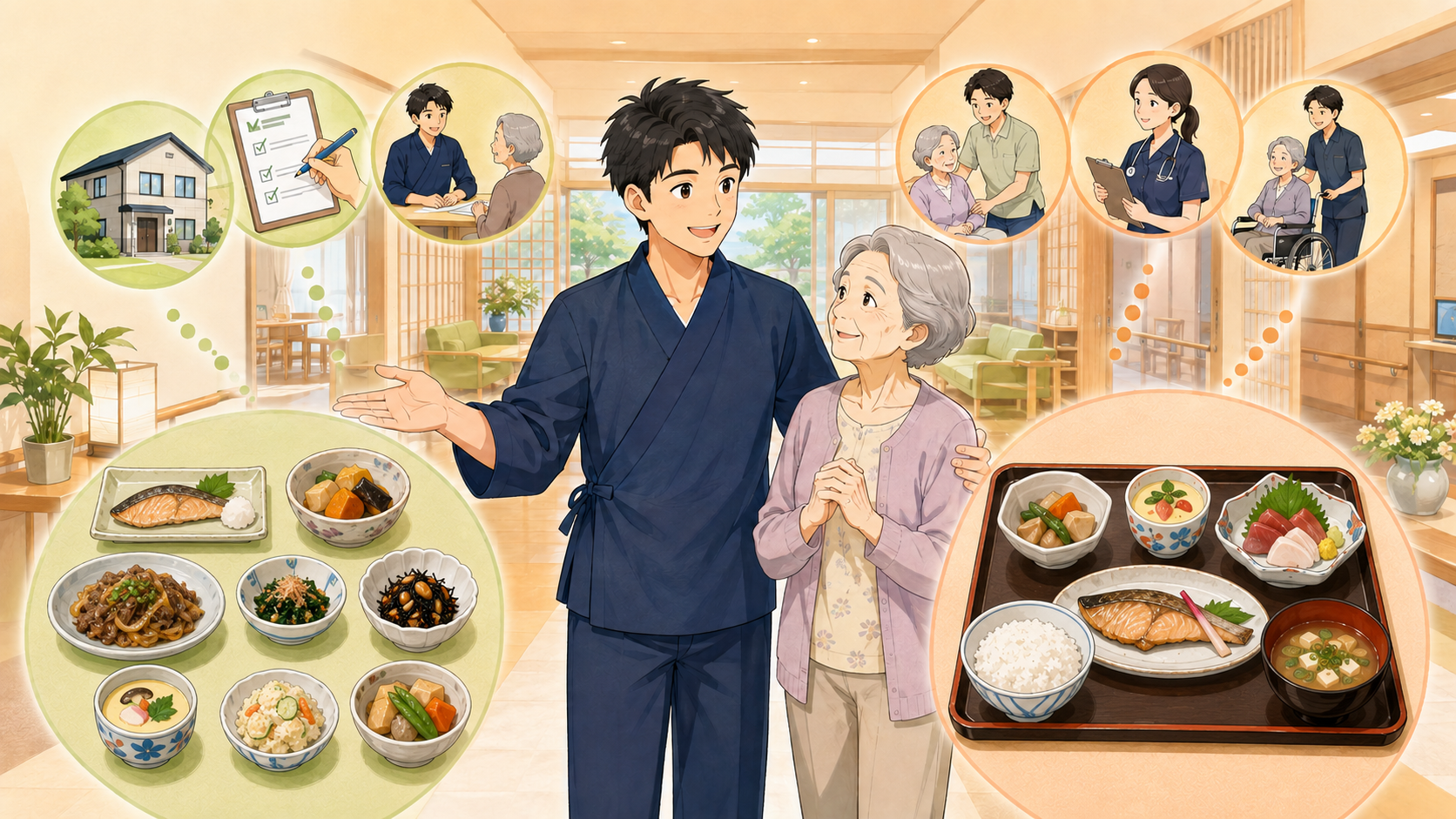 クラッシュが一般型サ高住のアラカルト料理と特定施設のコース料理を説明するイラスト