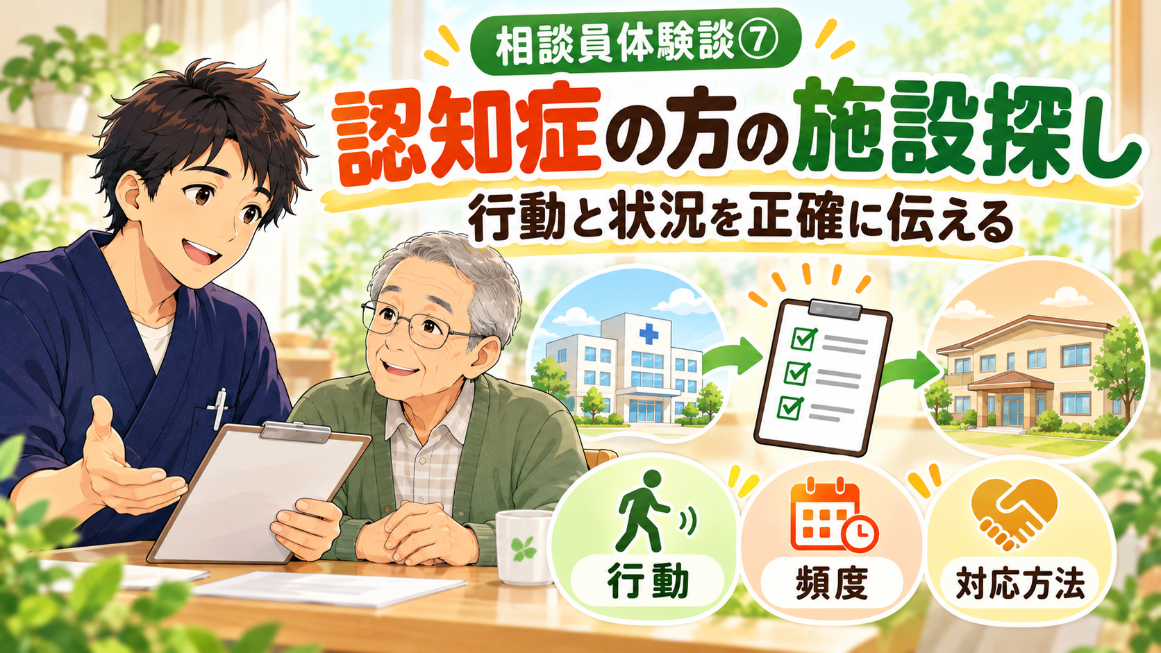 相談員クラッシュが高齢男性と相談し、病院と老人ホームの間で行動・頻度・対応方法の情報を整理するイラスト